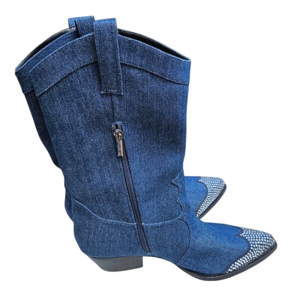 Karl Lagerfeld Blue Denim Rhinestone Lakota Boots - Picture 4 of 6